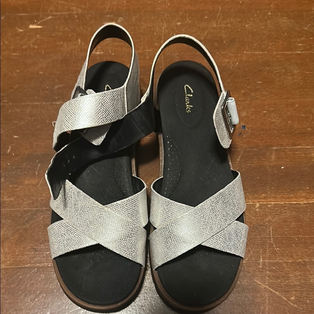Clarks Silver and Black Sandals with Crossover Straps